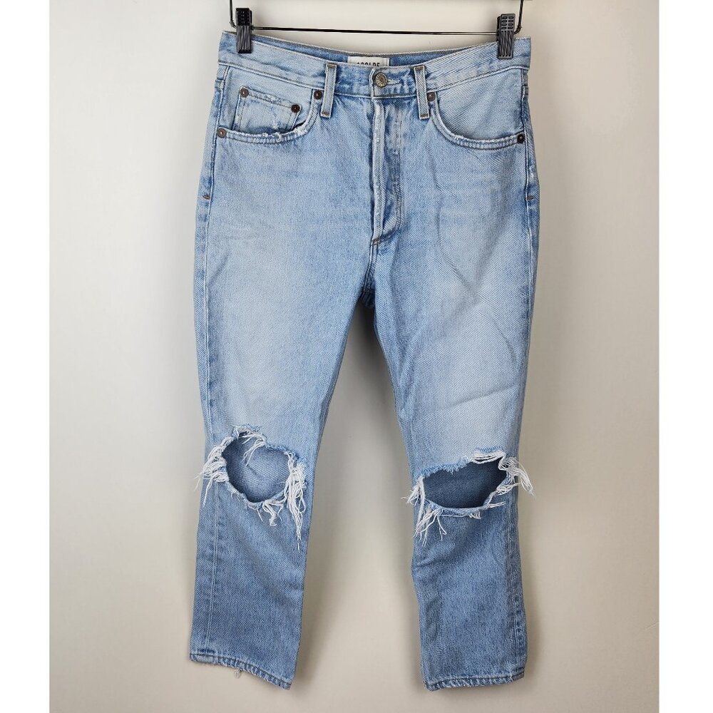 Agolde Riley High Rise Button Fly Distressed Straight Crop Jeans sz 27